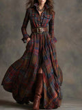 Robe longue rétro à carreaux brun rouge et col à revers