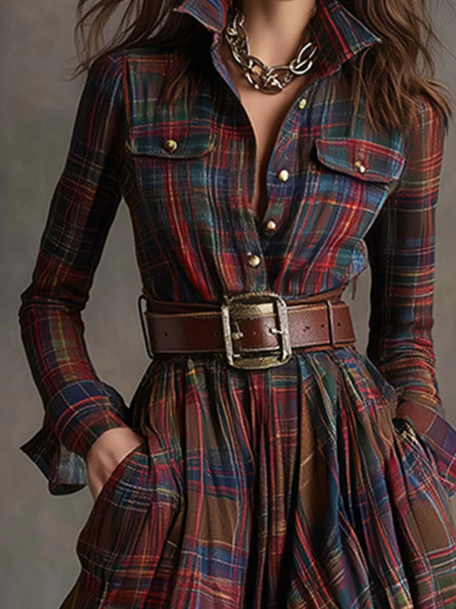 Robe longue rétro à carreaux brun rouge et col à revers