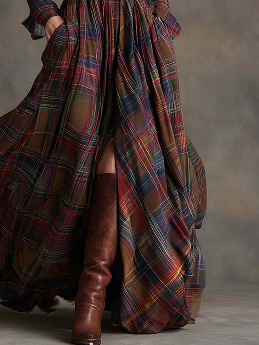 Robe longue rétro à carreaux brun rouge et col à revers