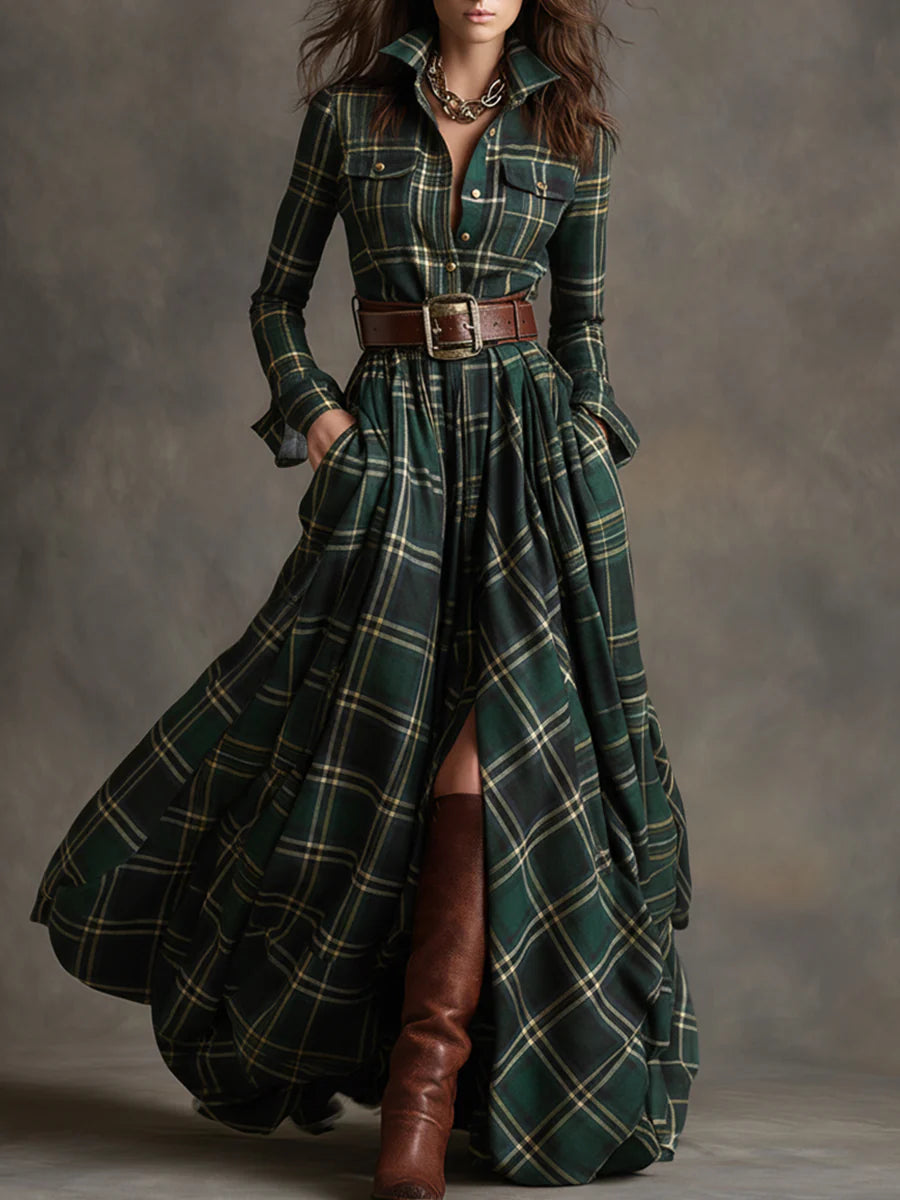Robe longue rétro à carreaux brun rouge et col à revers