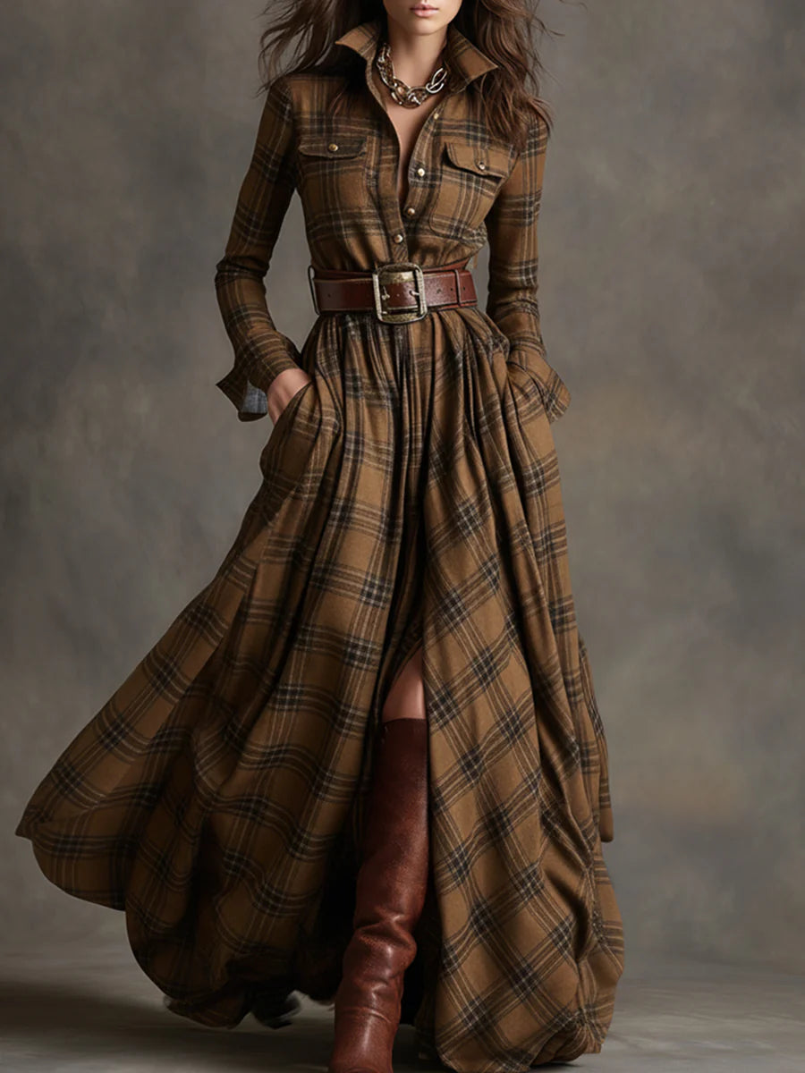 Robe longue rétro à carreaux brun rouge et col à revers