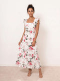Robe midi fleurie plissée à volants