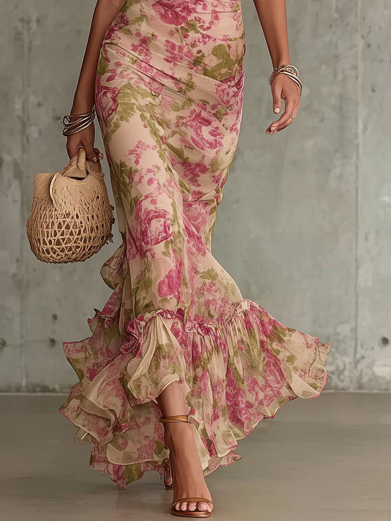 Robe Maxi à Imprimé Rose Vintage et Manches Bouffantes