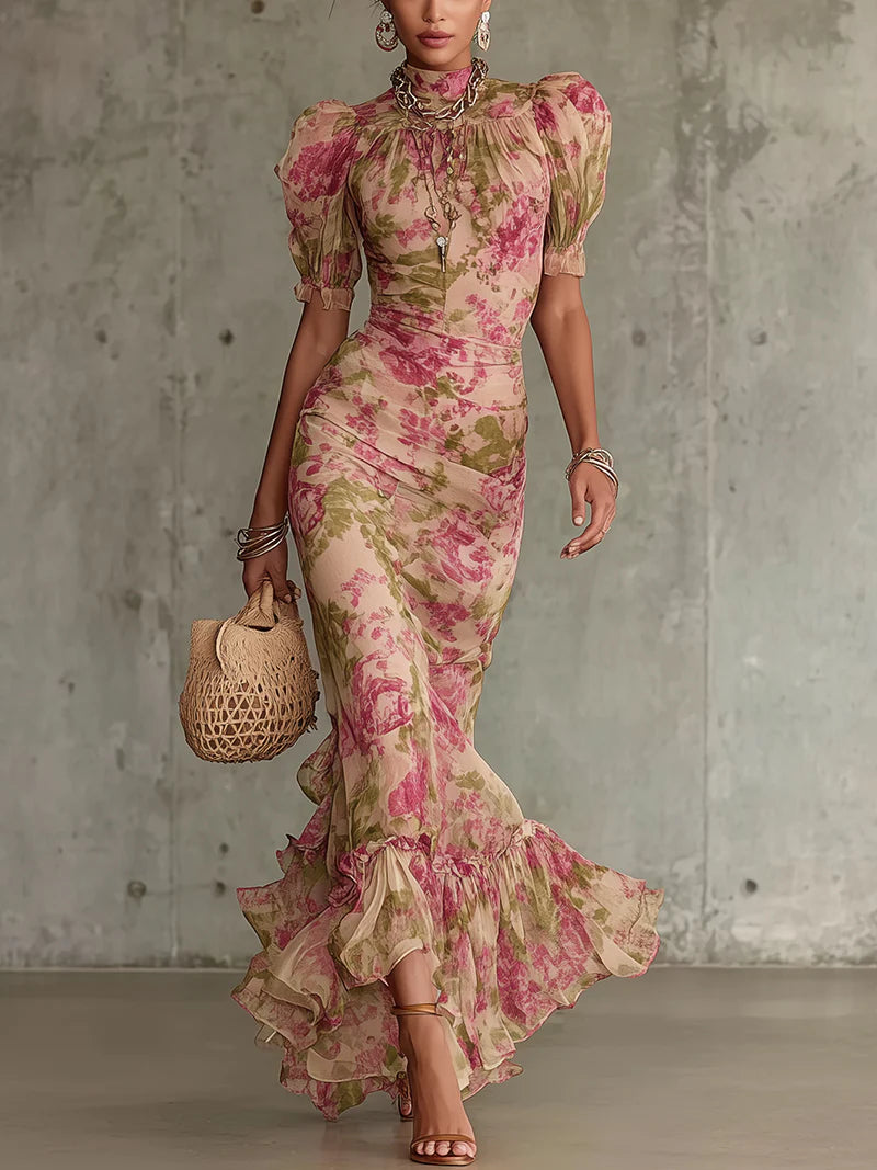 Robe Maxi à Imprimé Rose Vintage et Manches Bouffantes