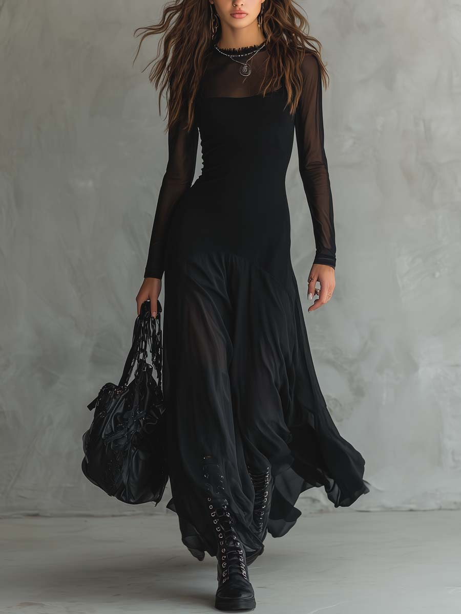 Noémie | Robe Maxi Évasée en Tulle Noir