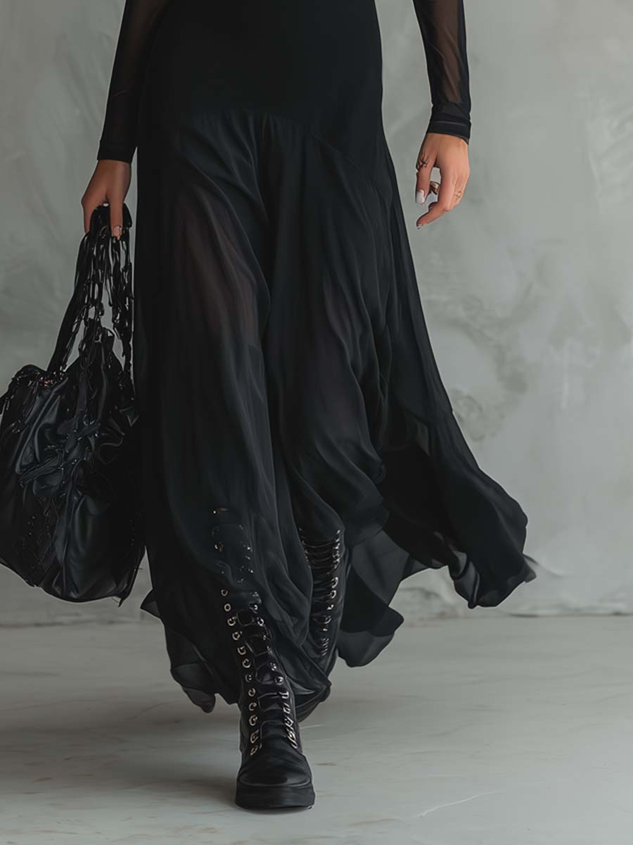 Noémie | Robe Maxi Évasée en Tulle Noir
