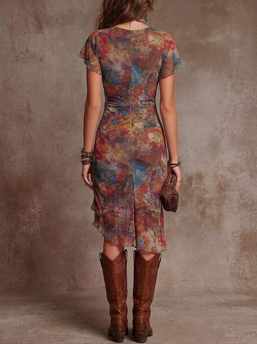 Robe Midi Plissée avec Décolleté en V