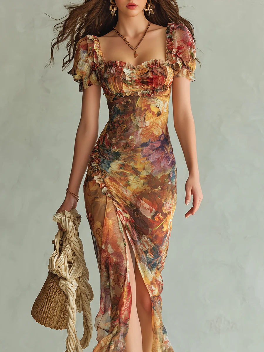 Robe maxi orange en mousseline à imprimé peinture à l’huile