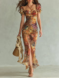 Robe maxi orange en mousseline à imprimé peinture à l’huile