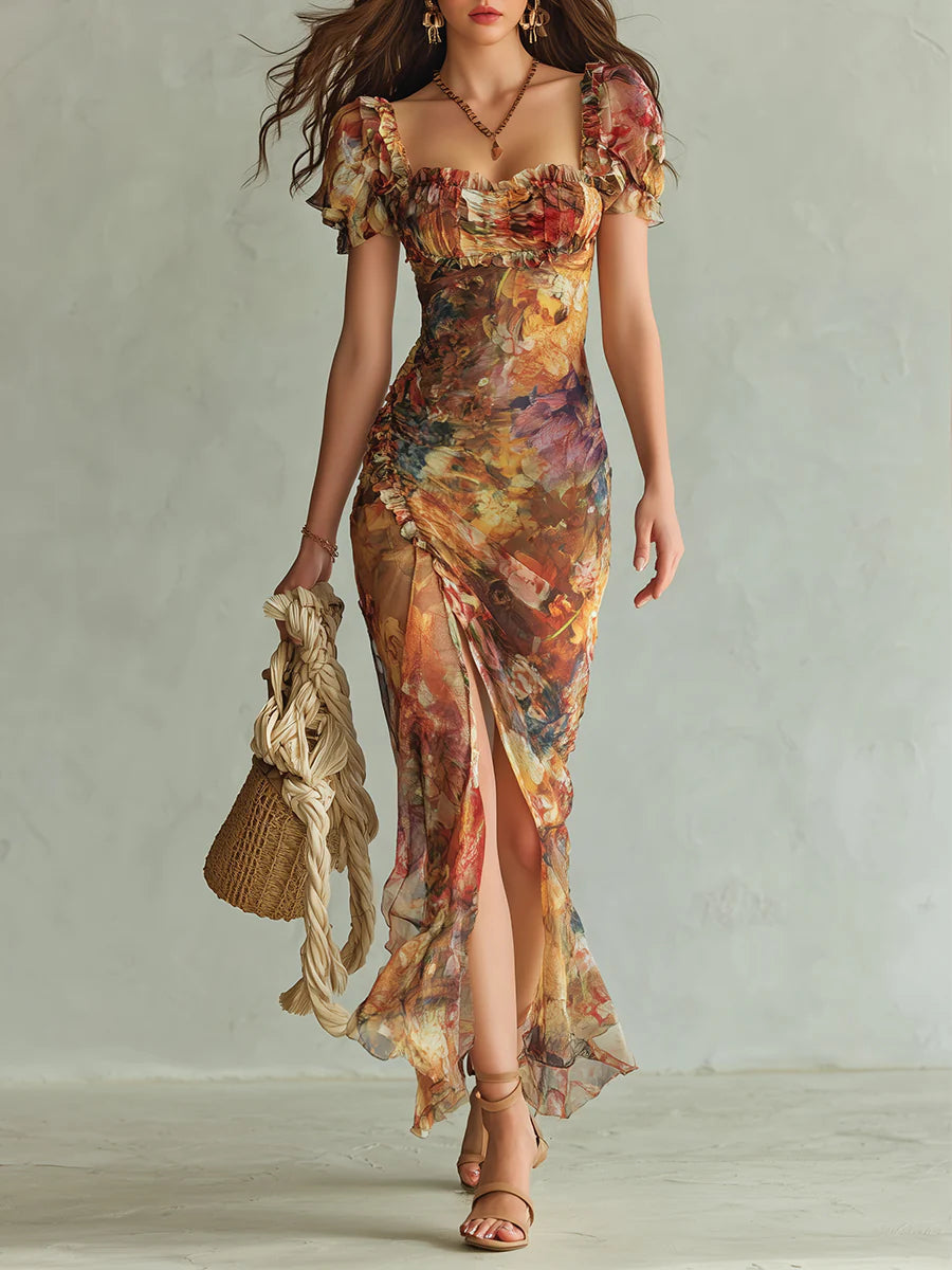 Robe Maxi Orange en Mousseline à Imprimé Peinture à l'Huile