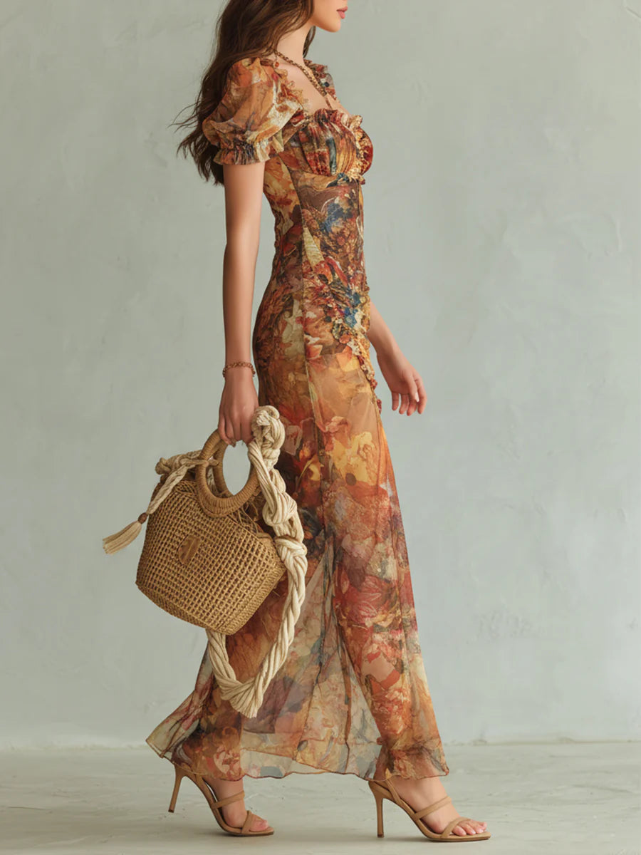 Robe Maxi Orange en Mousseline à Imprimé Peinture à l'Huile