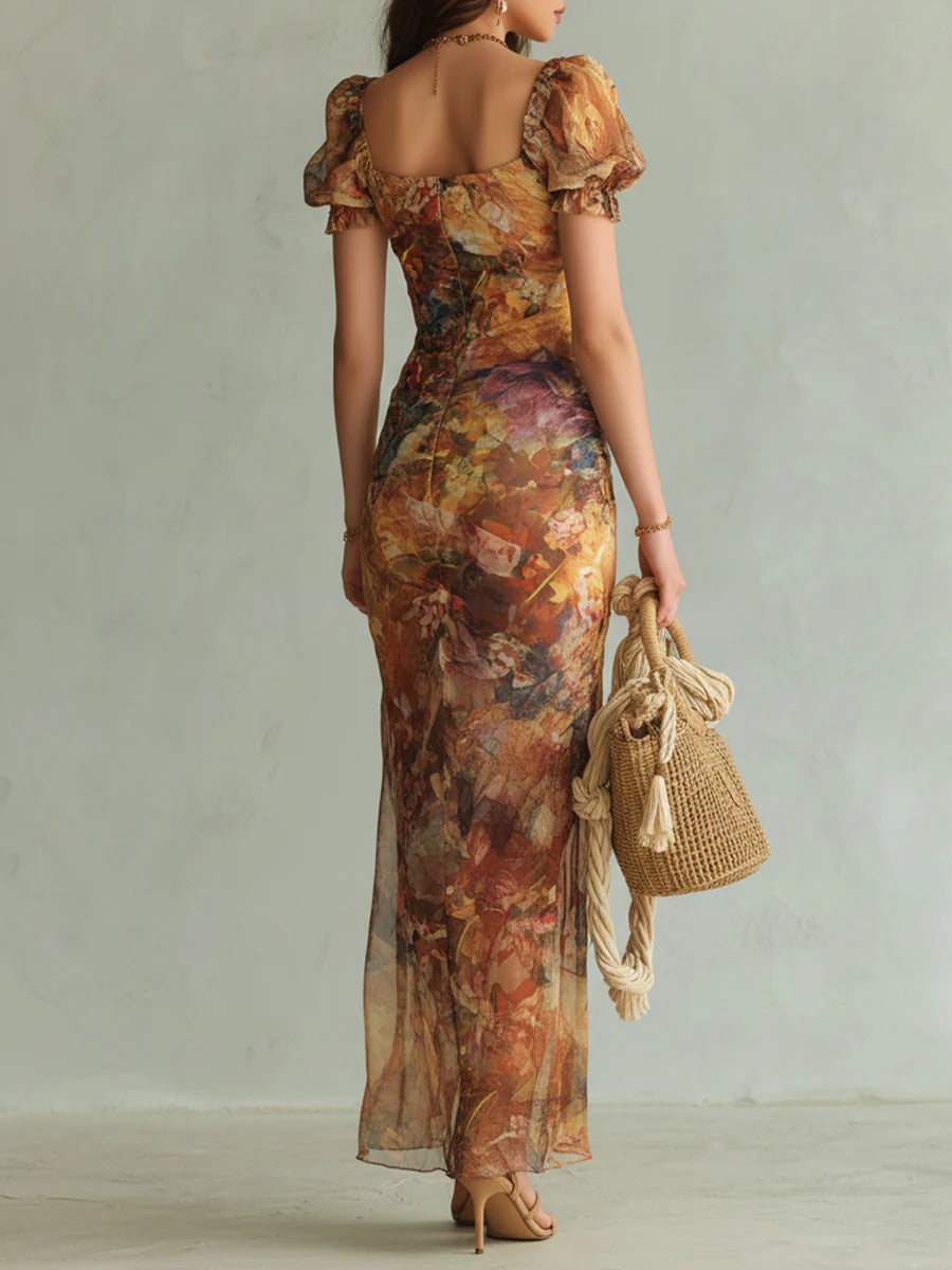 Robe maxi orange en mousseline à imprimé peinture à l’huile
