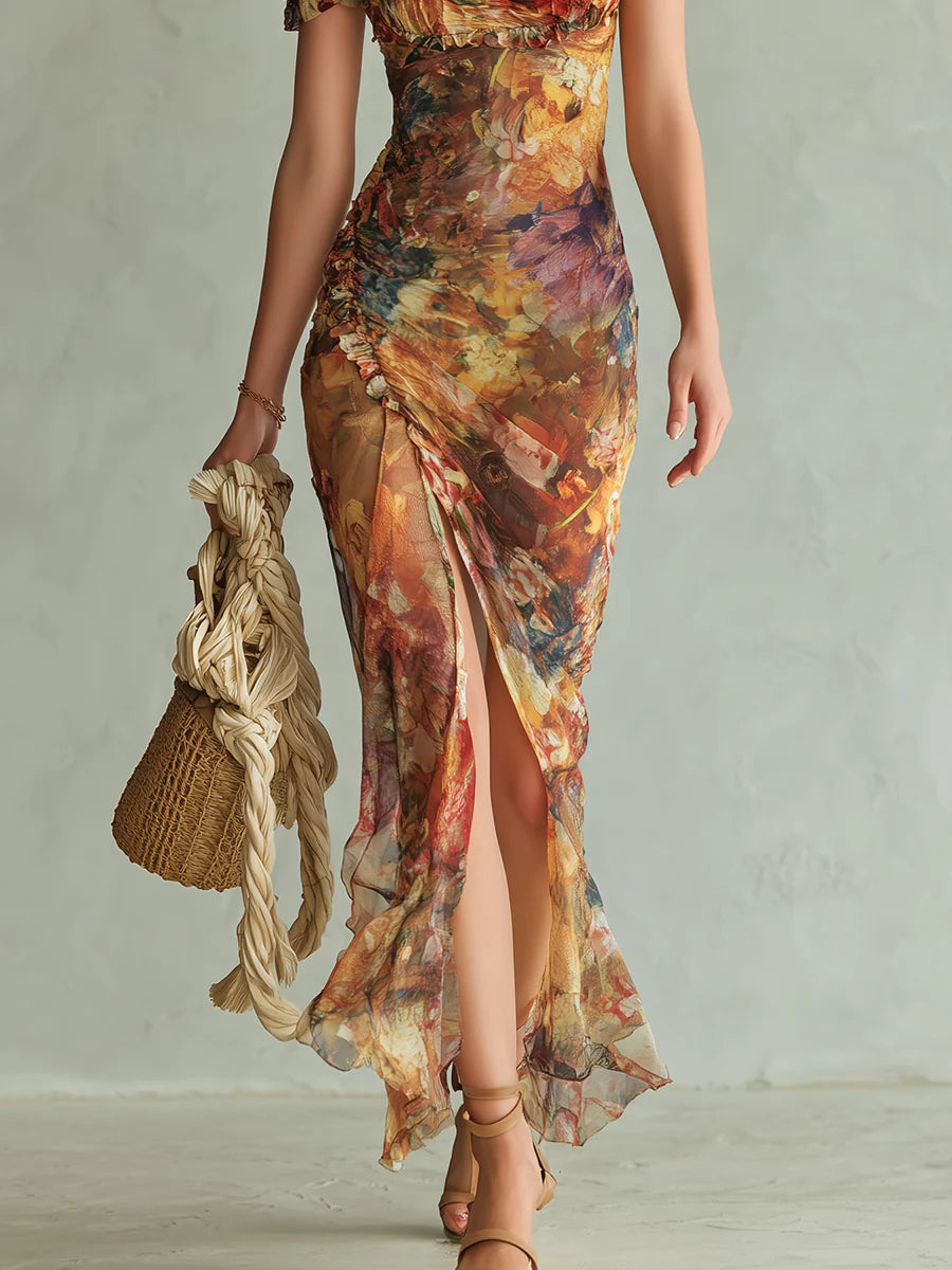 Robe maxi orange en mousseline à imprimé peinture à l’huile