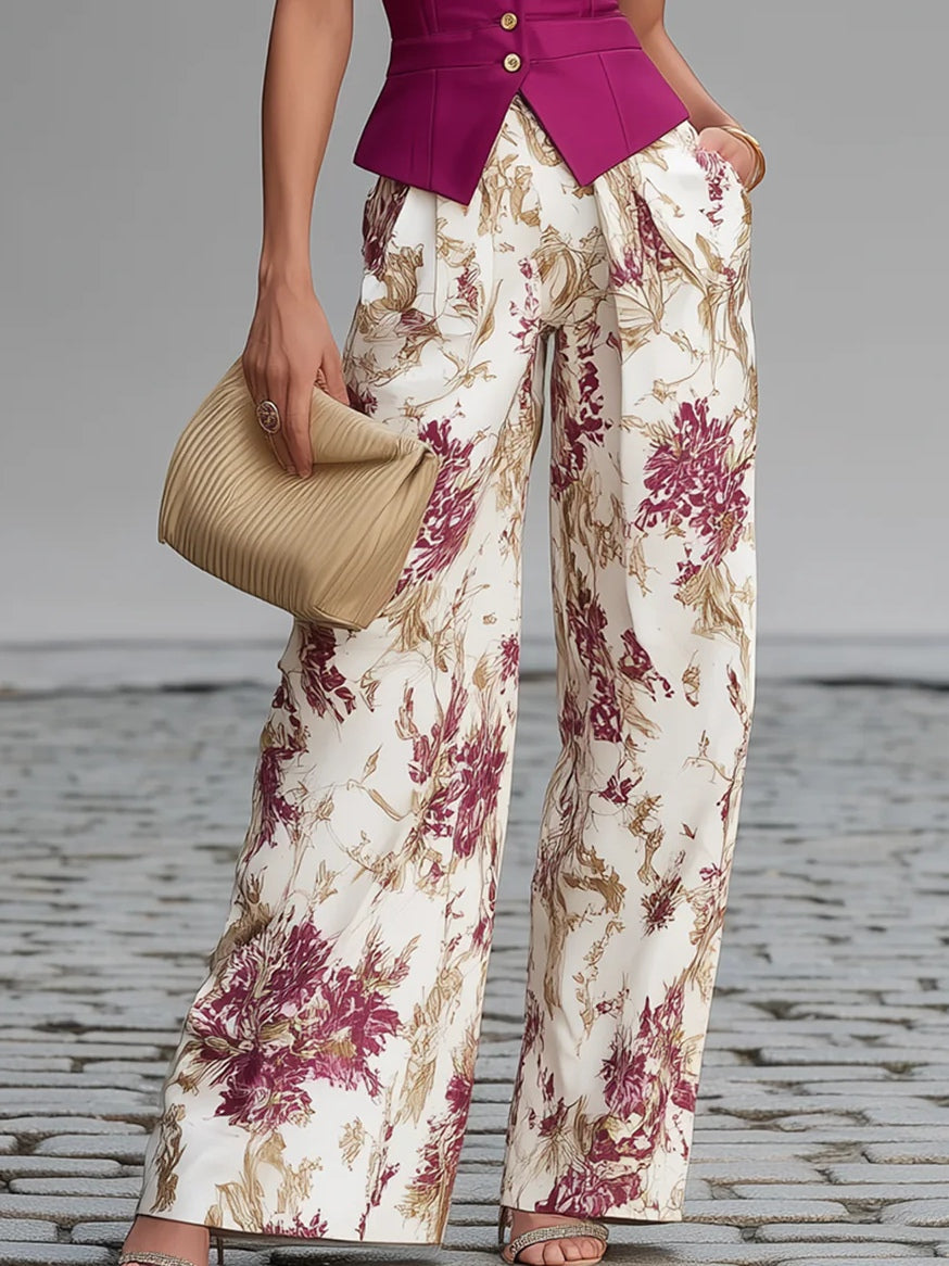 Ensemble Rose Gilet & Pantalon Large à Fleurs
