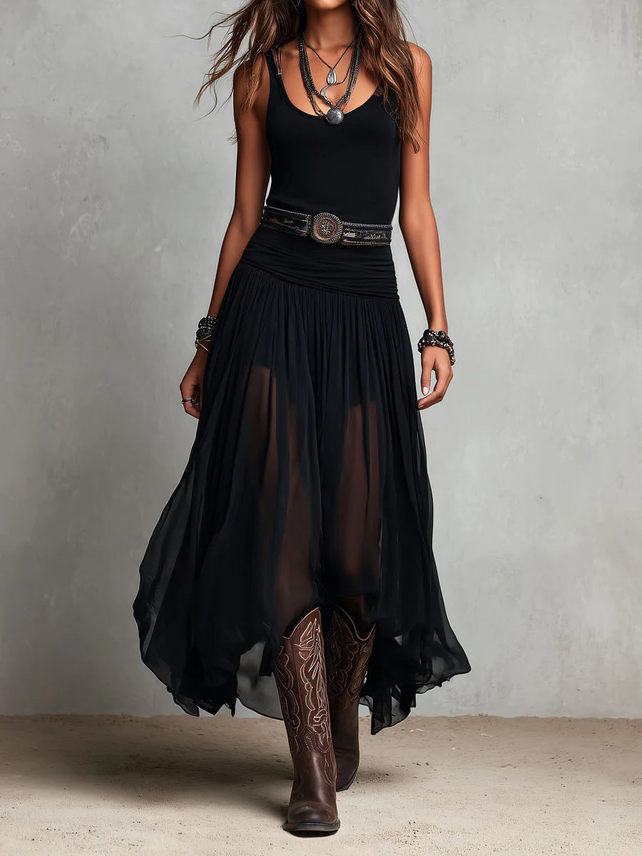 Ensemble Noir Top & Jupe Maxi en Tulle