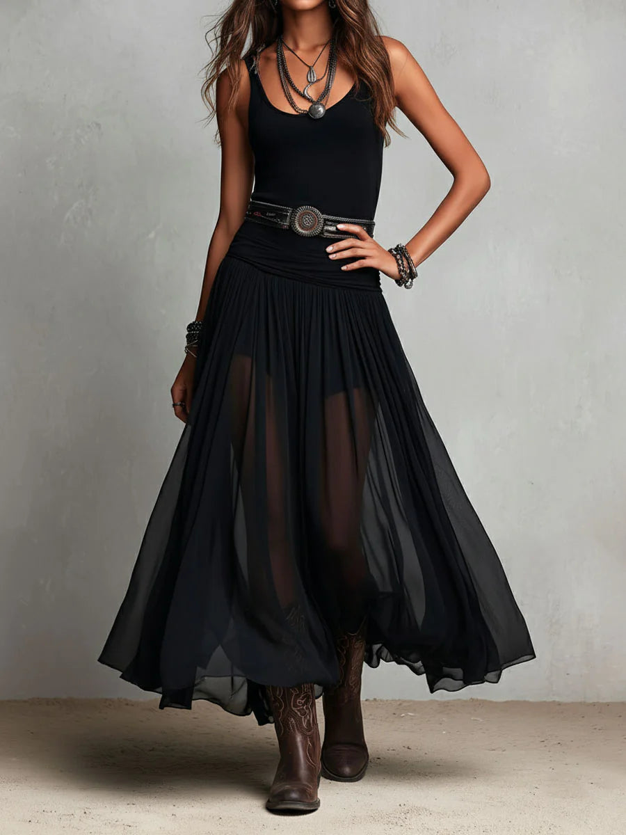 Ensemble Noir Top & Jupe Maxi en Tulle