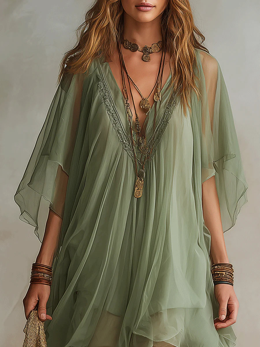 Mini Robe Verte Aérienne en Mousseline avec Décolleté en V