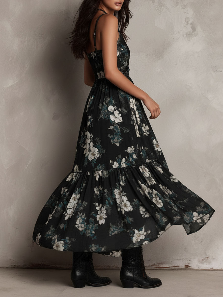 Robe Maxi Noire Sans Bretelles à Imprimé Floral