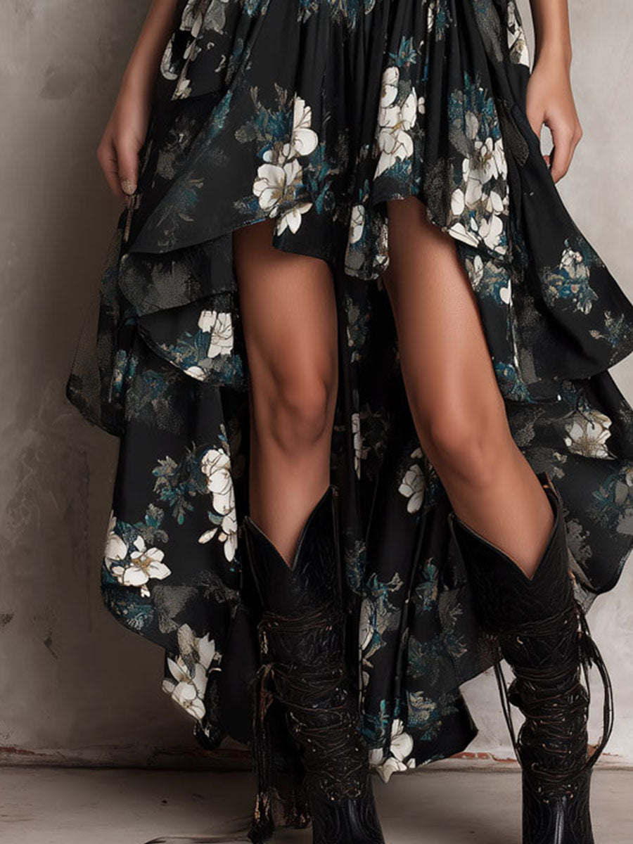 Robe Maxi Noire Sans Bretelles à Imprimé Floral