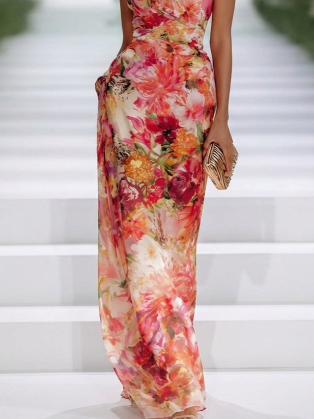 Robe Maxi Rouge en Mousseline avec Décolleté Halter