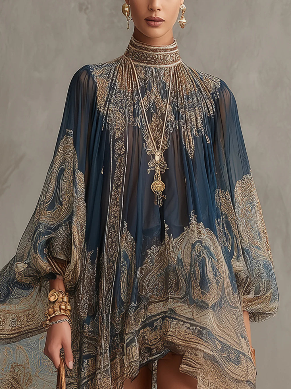 Mini-robe bleu marine en mousseline à imprimé baroque