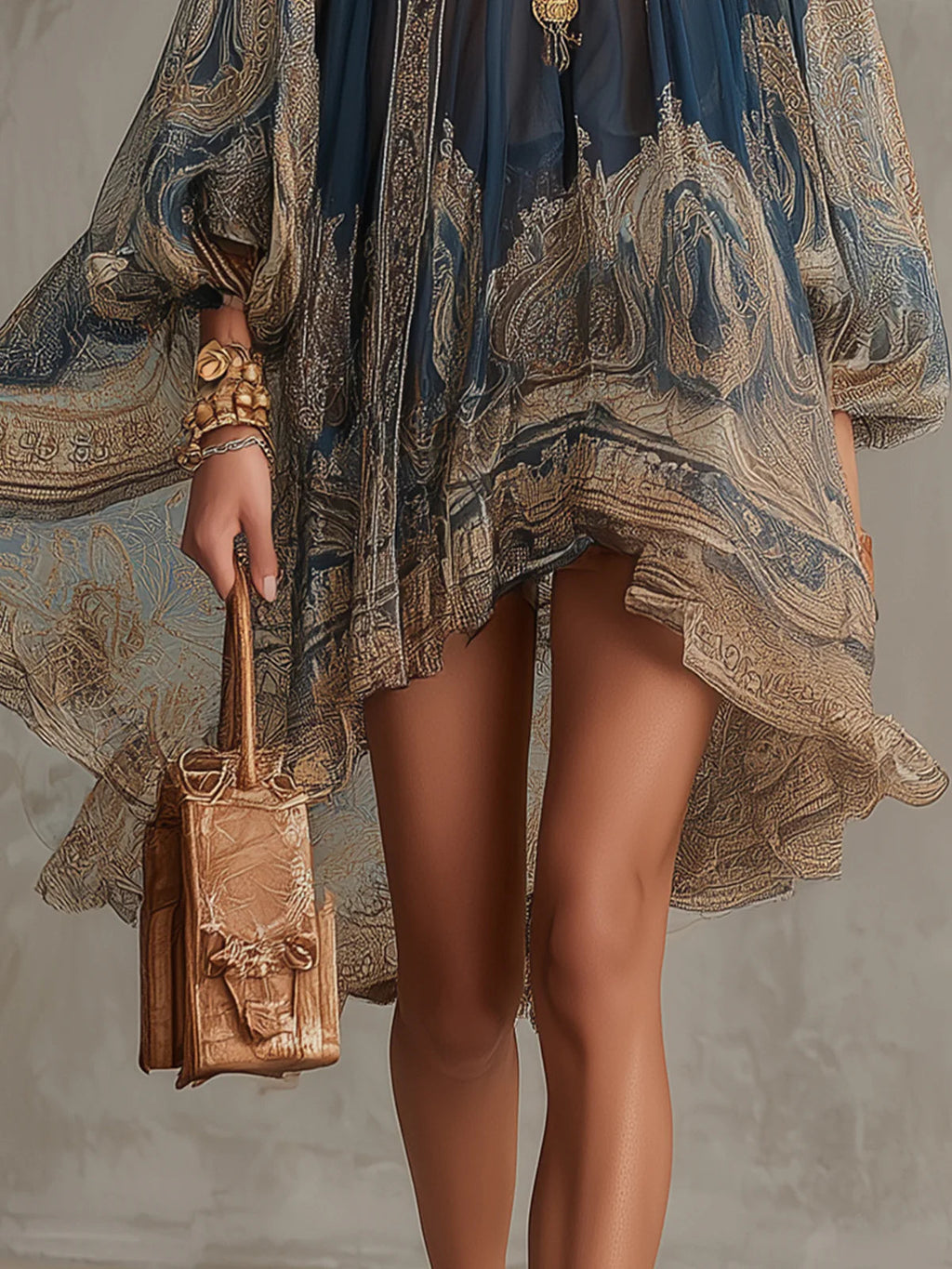 Mini-robe bleu marine en mousseline à imprimé baroque