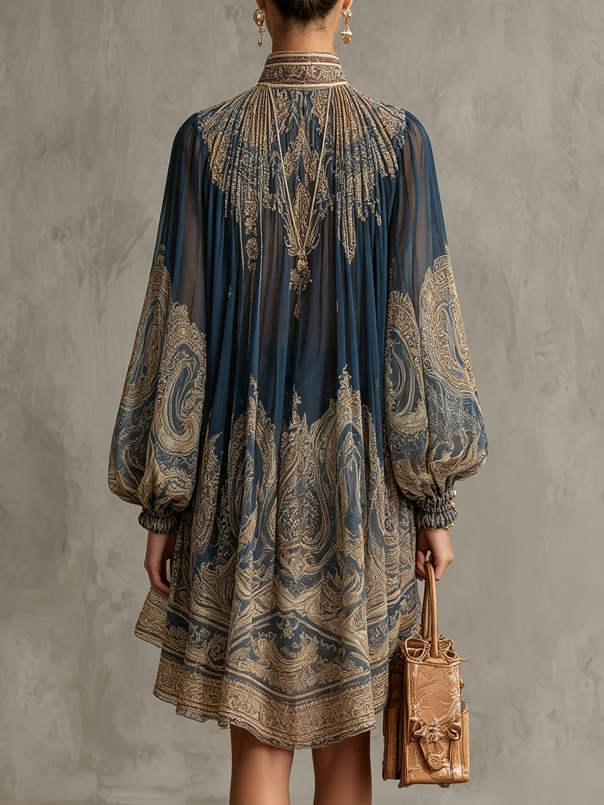 Mini Robe Bleu Marine en Mousseline à Imprimé Baroque