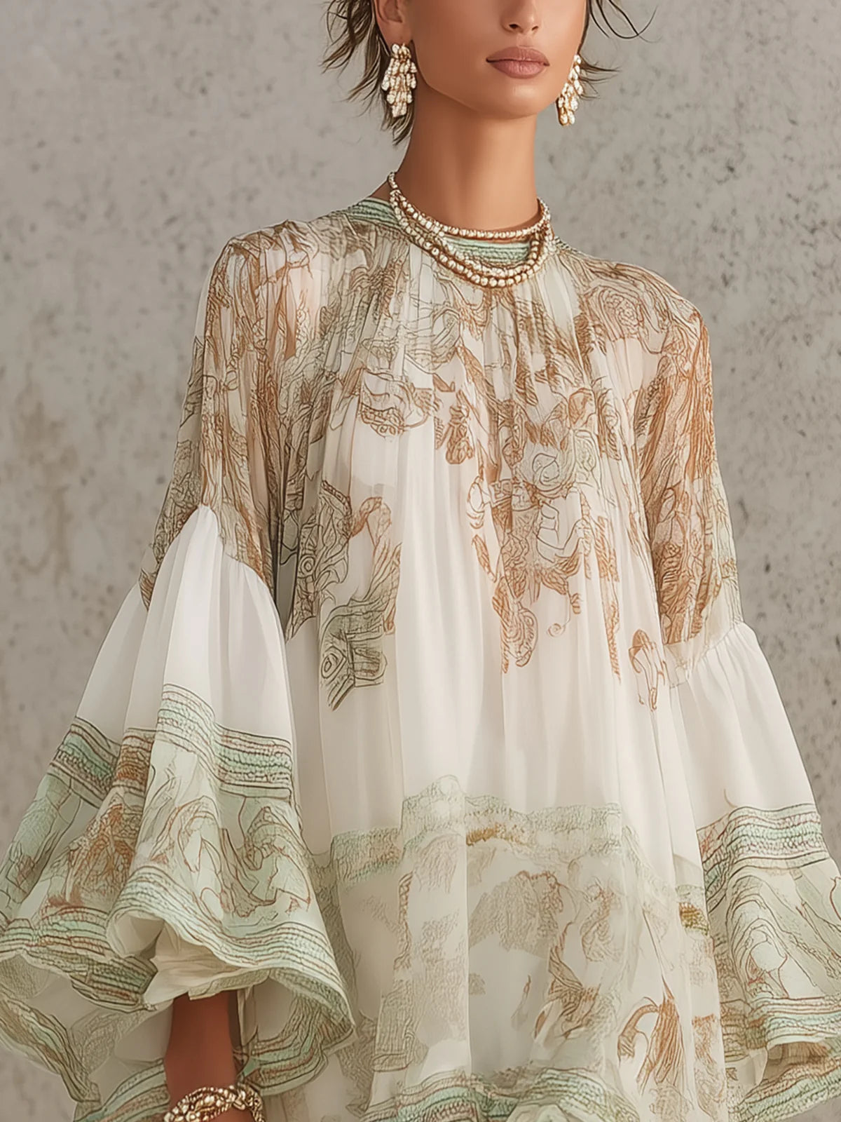 Mini Robe Verte en Mousseline à Rayures et Manches à Volants
