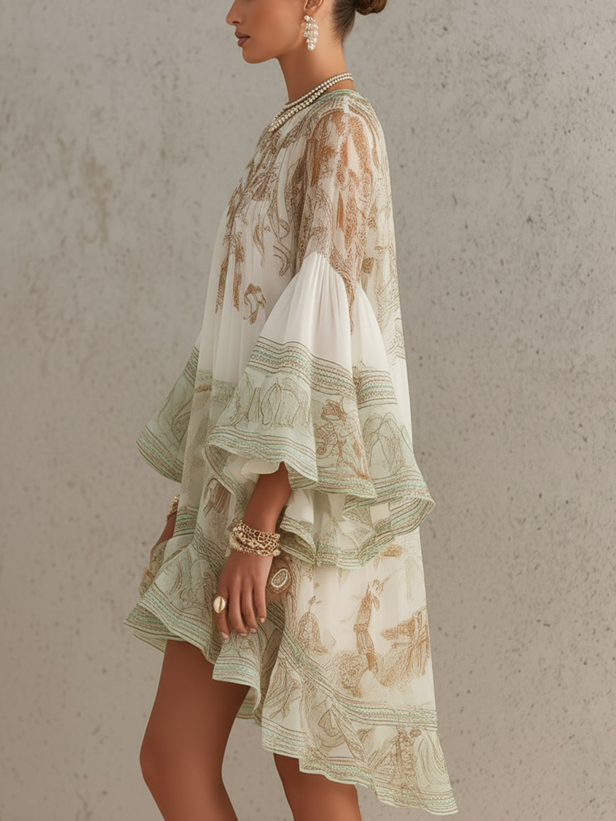 Mini Robe Verte en Mousseline à Rayures et Manches à Volants