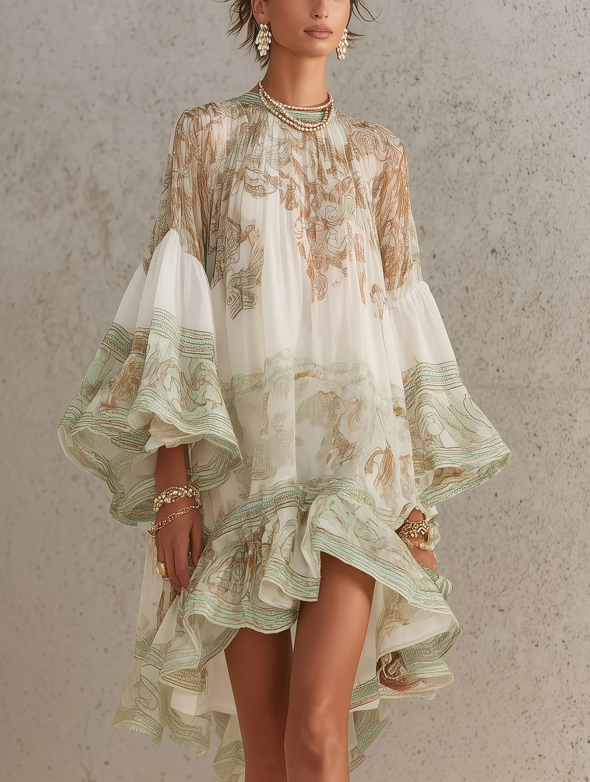 Mini Robe Verte en Mousseline à Rayures et Manches à Volants