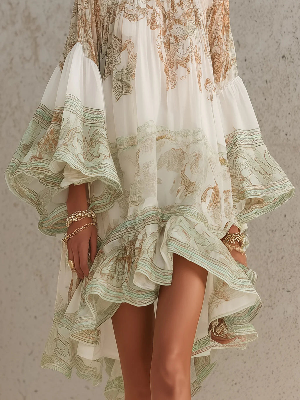 Mini Robe Verte en Mousseline à Rayures et Manches à Volants