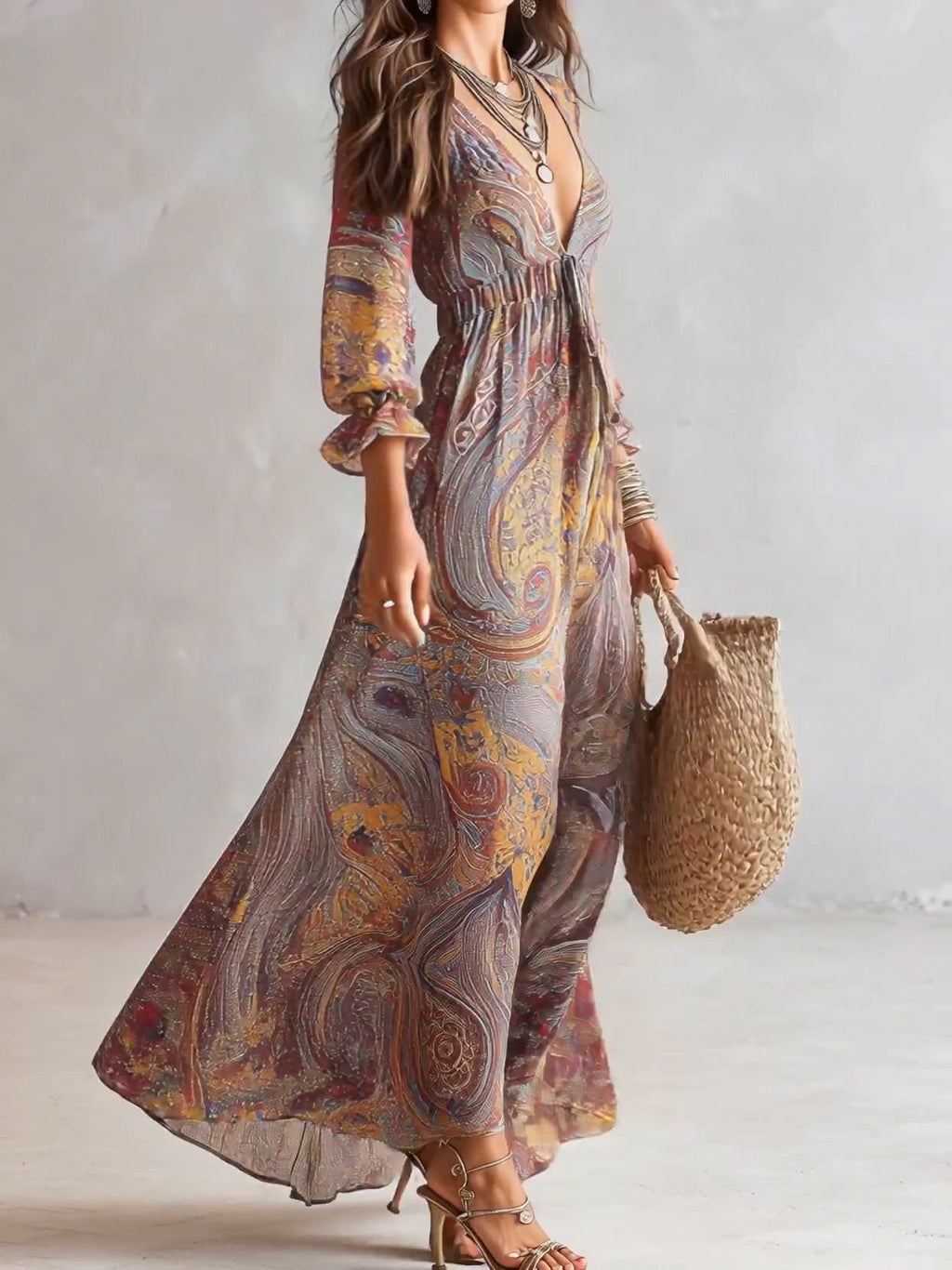 Robe Maxi en Mousseline à Imprimé Paisley et Décolleté en V