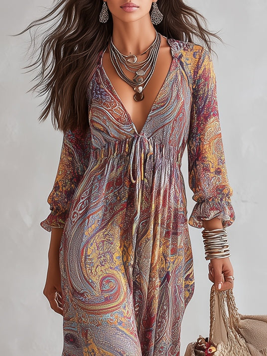 Robe Maxi en Mousseline à Imprimé Paisley et Décolleté en V