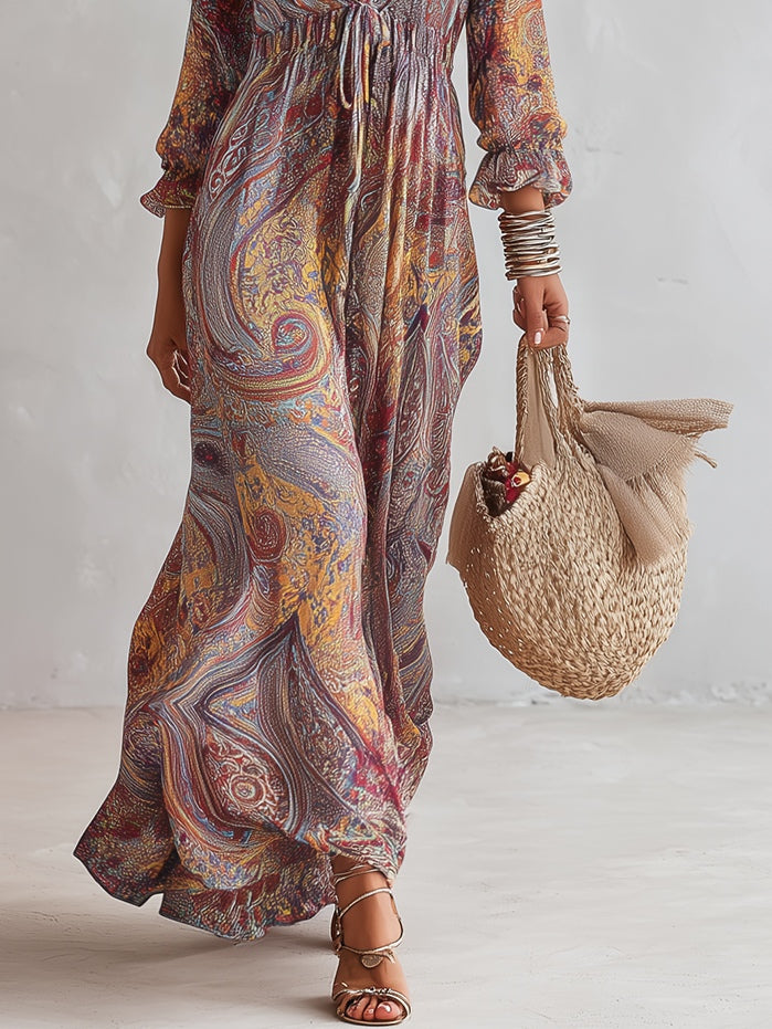 Robe Maxi en Mousseline à Imprimé Paisley et Décolleté en V