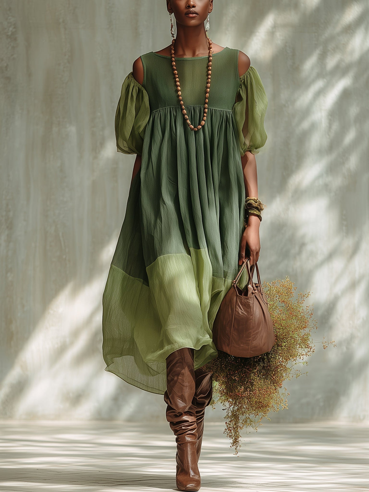 Robe Midi Verte en Mousseline avec Épaules Dénudées