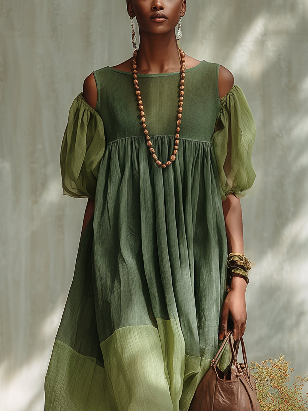 Robe Midi Verte en Mousseline avec Épaules Dénudées