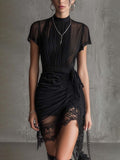Mini Robe Noire en Mousseline avec Taille Plissée