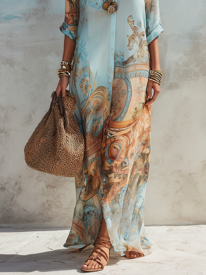 Robe longue bleue à imprimé floral