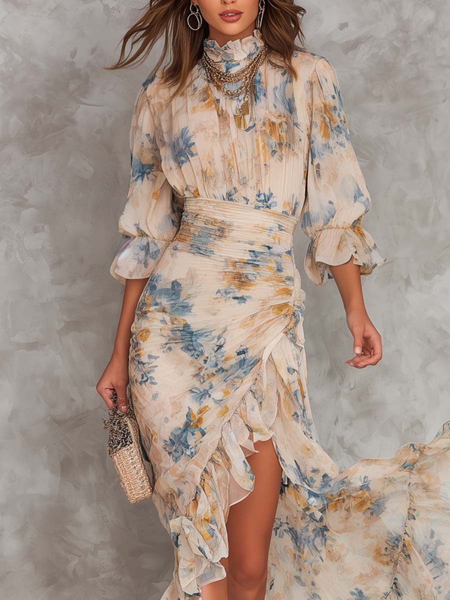 Robe Maxi Asymétrique en Mousseline à Imprimé Floral
