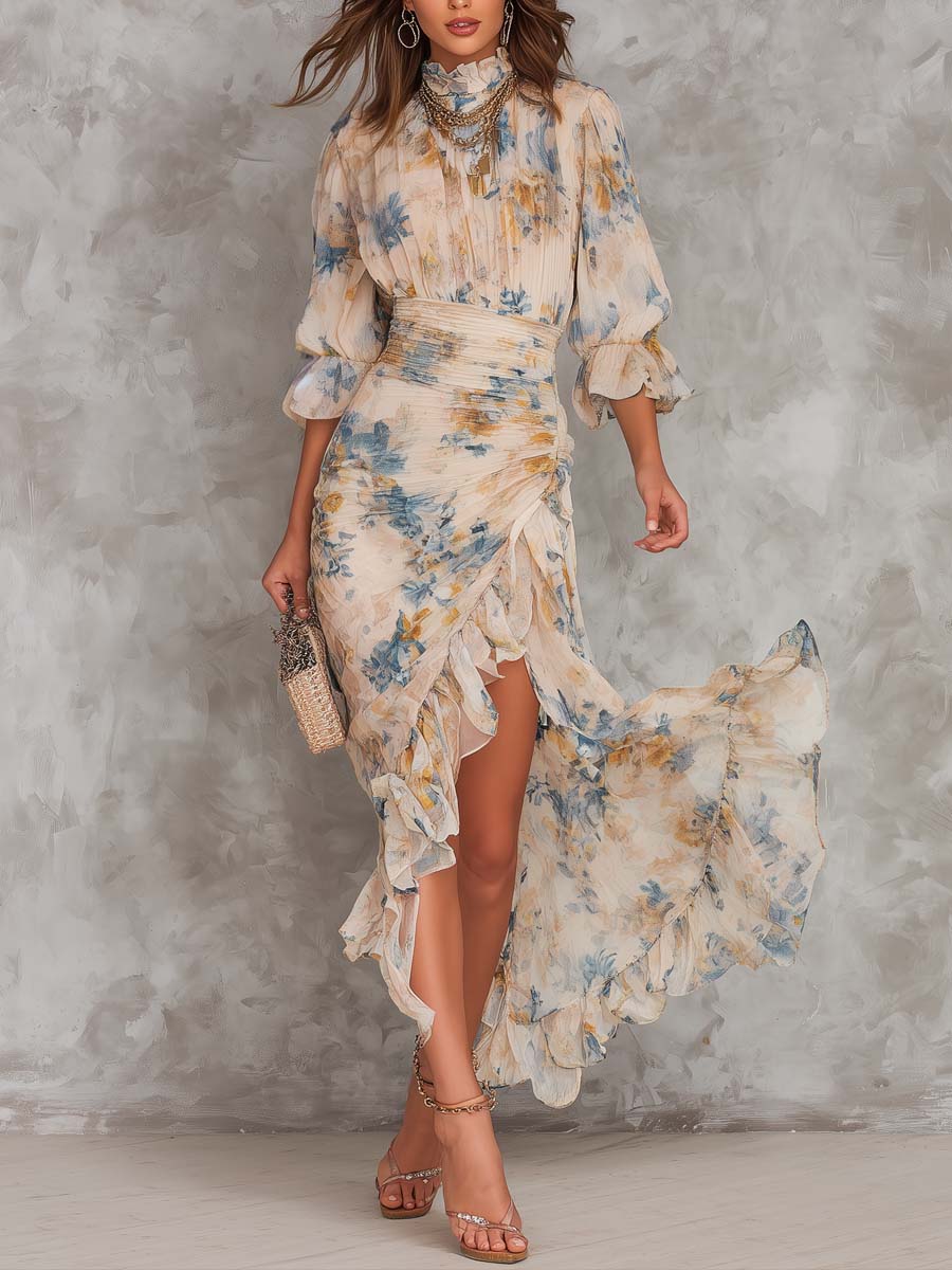 Robe Maxi Asymétrique en Mousseline à Imprimé Floral