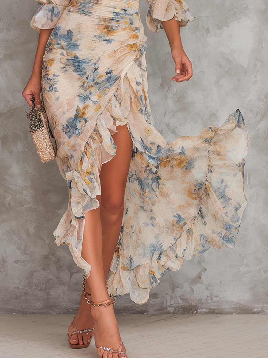 Robe Maxi Asymétrique en Mousseline à Imprimé Floral