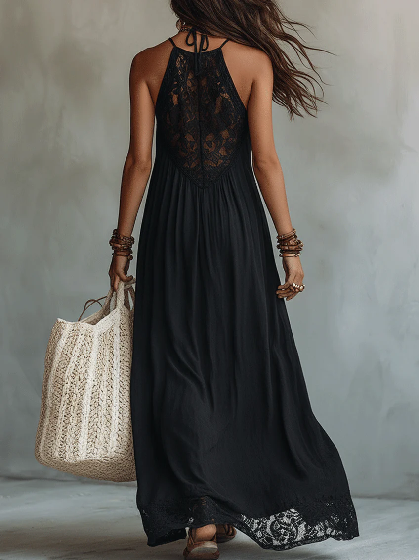 Robe Maxi Noire Sans Manches en Dentelle Bohème