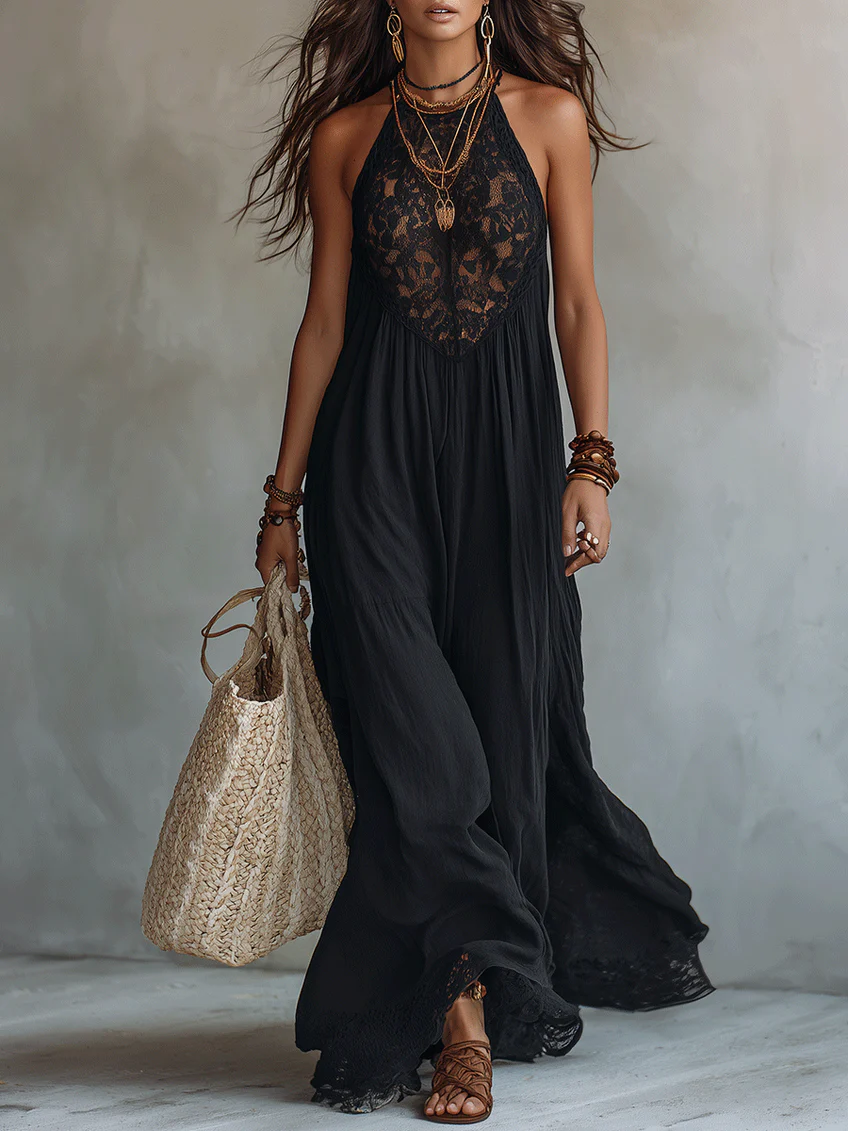 Robe maxi noire sans manches en dentelle bohème
