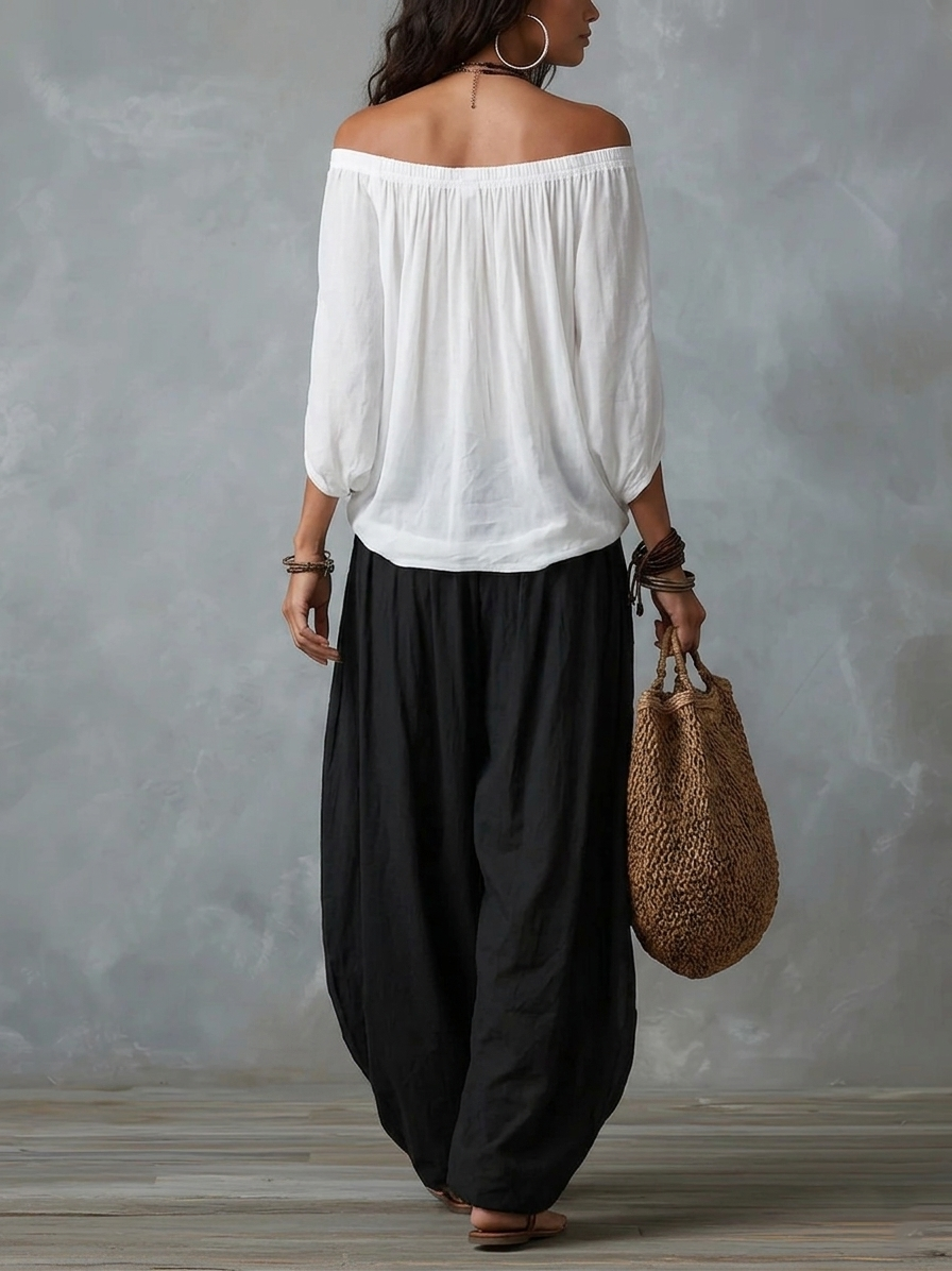 Ensemble Blanc Top Épaules Dénudées & Pantalon Large