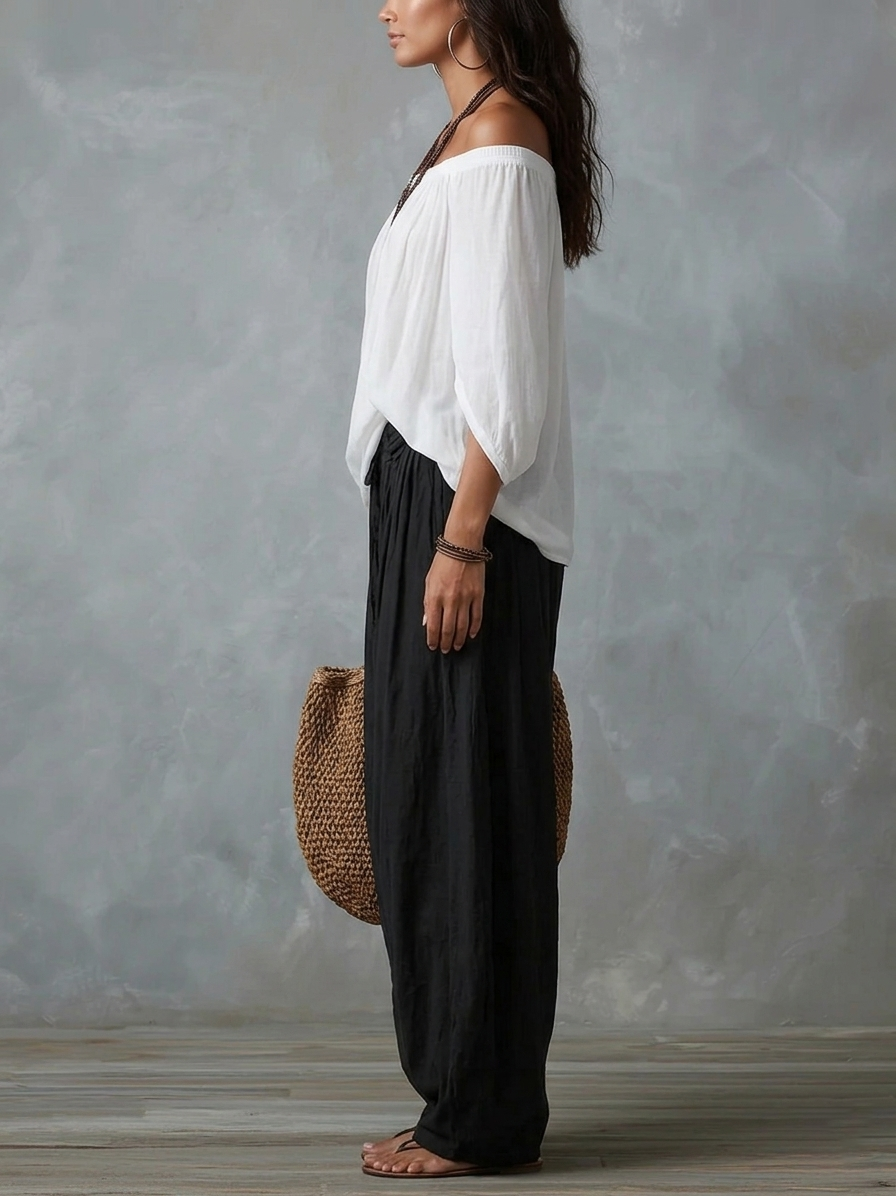 Ensemble Blanc Top Épaules Dénudées & Pantalon Large