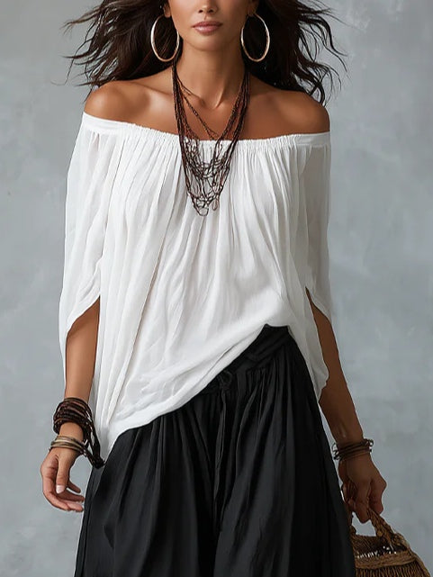 Ensemble Blanc Top Épaules Dénudées & Pantalon Large