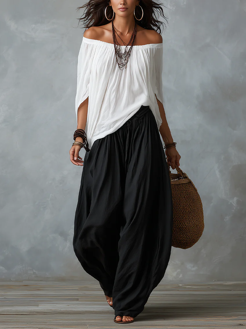 Ensemble Blanc Top Épaules Dénudées & Pantalon Large