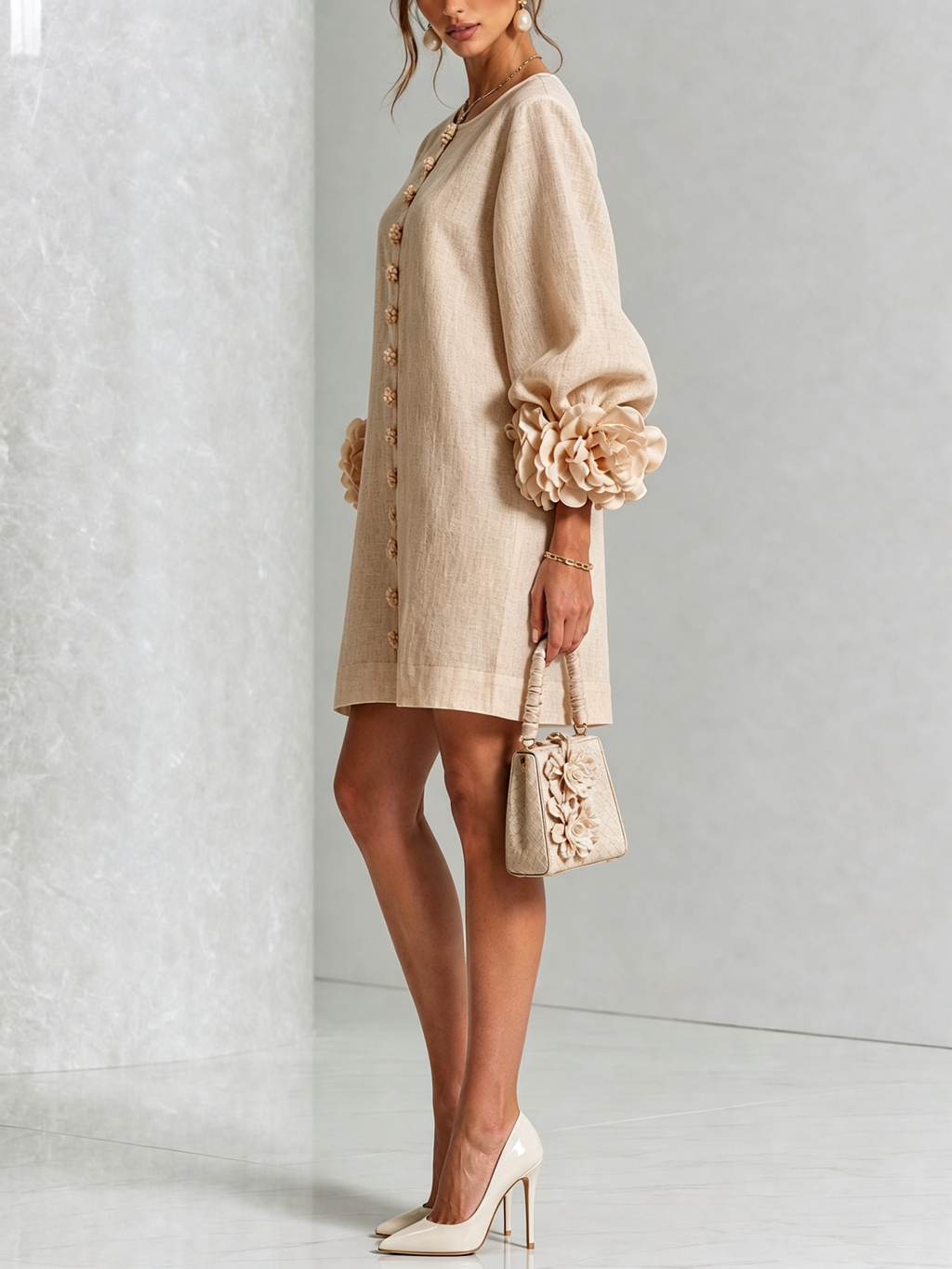 Mini-robe blanche à boutons en forme de fleurs et manches florales extravagantes
