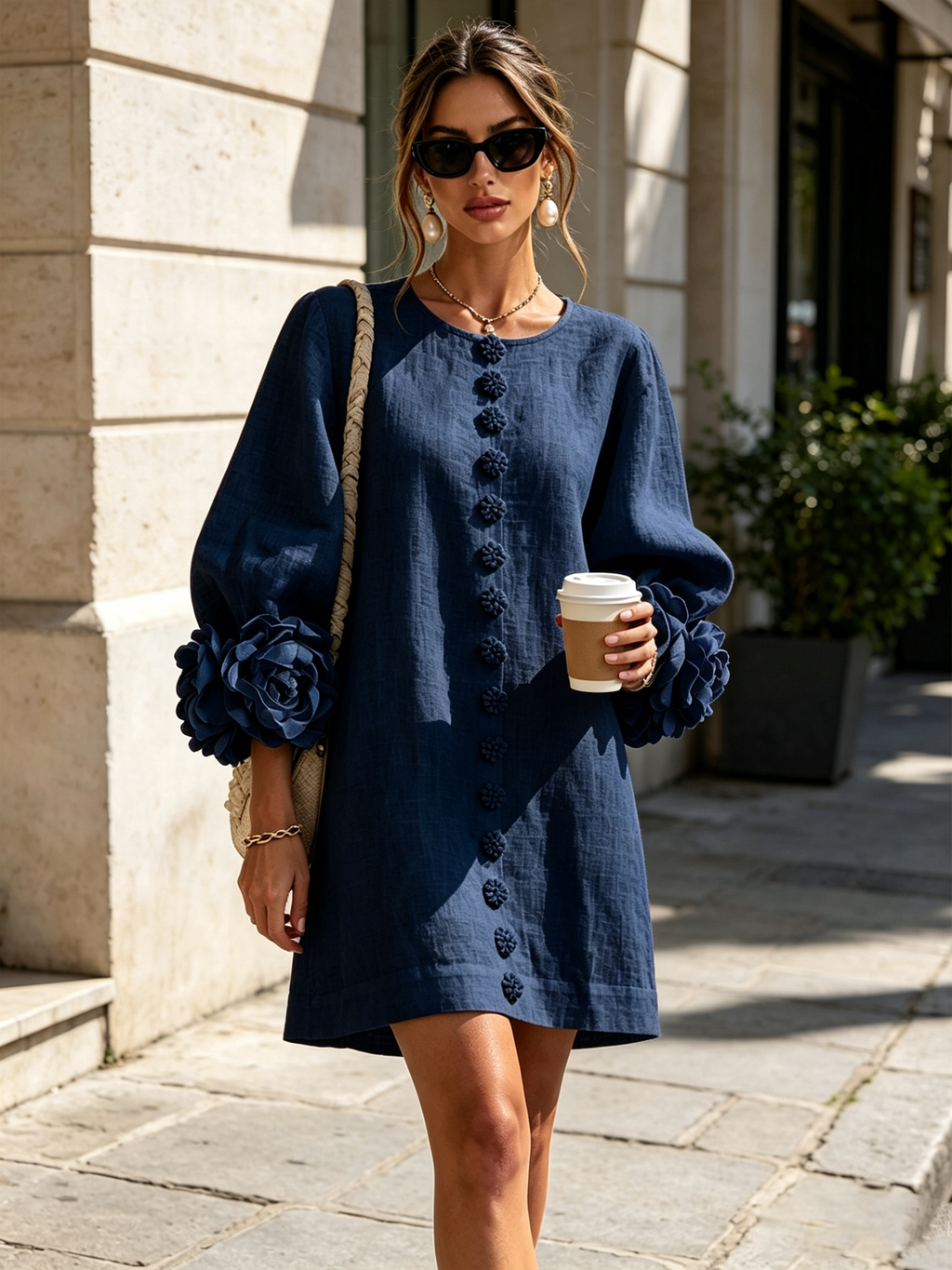Mini robe blanche boutonnée à fleurs et poignets floraux sculptés