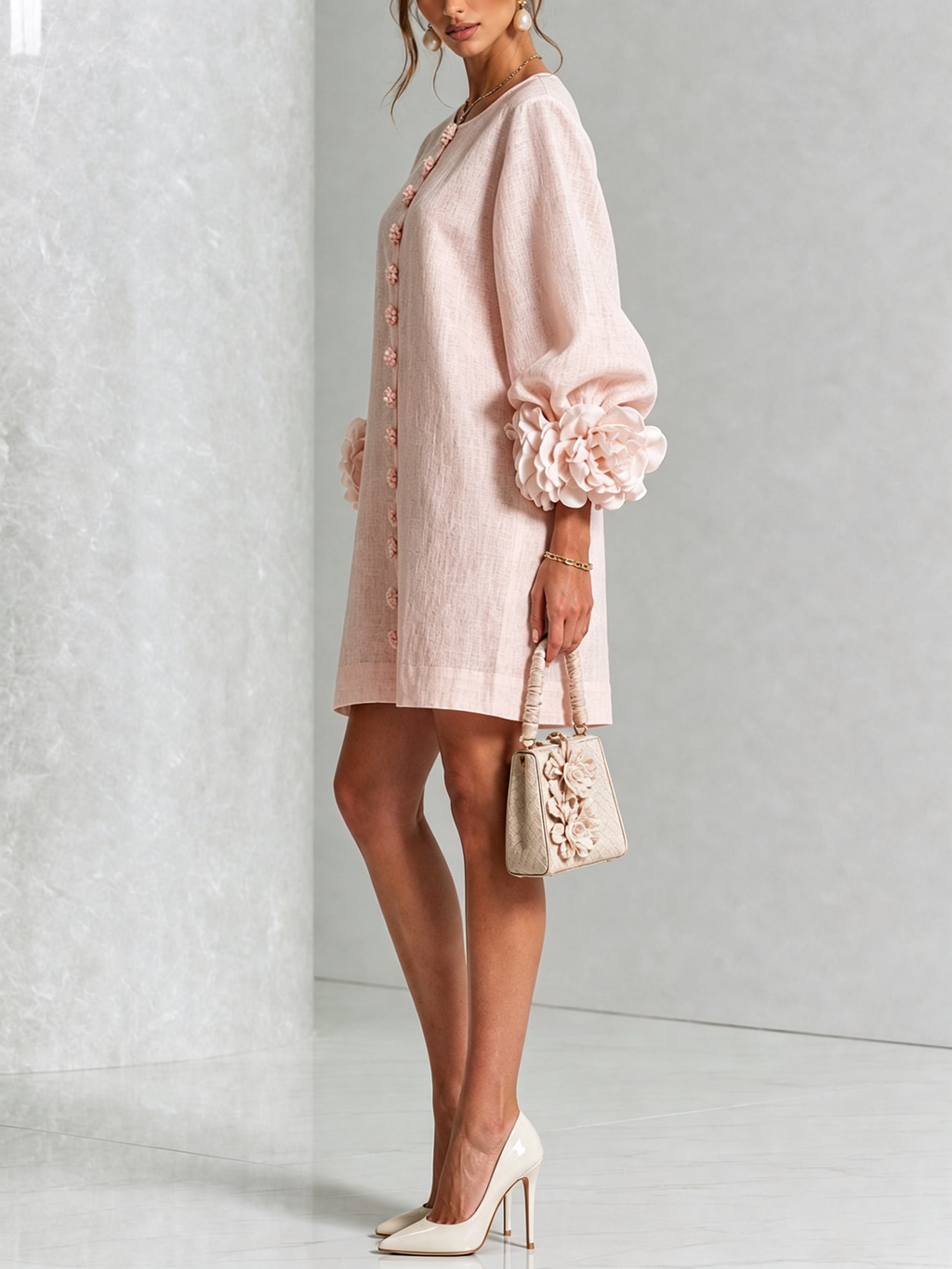 Mini-robe blanche à boutons en forme de fleurs et manches florales extravagantes
